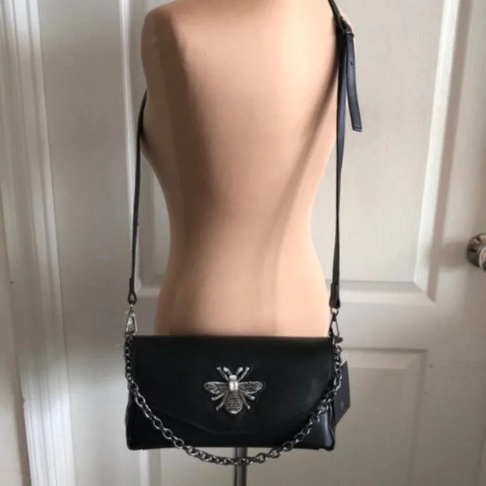 House of Harlow 1960 Gen Leather Crossbody Handbag Black Italy Bee Accent